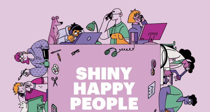 the words "shiny happy people" with illustrated characters below it