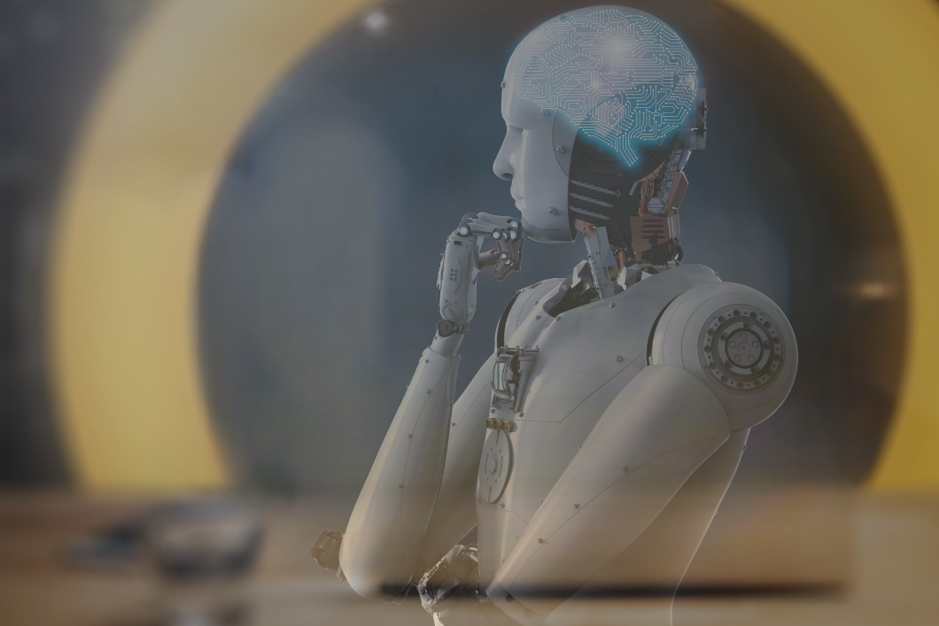 a cyborg human-like robot on a blurred background indicating AI