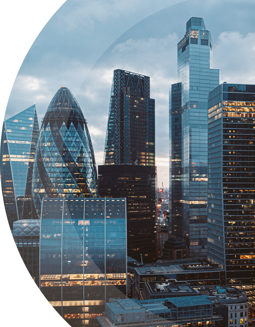 curved image of the london skyline at dusk